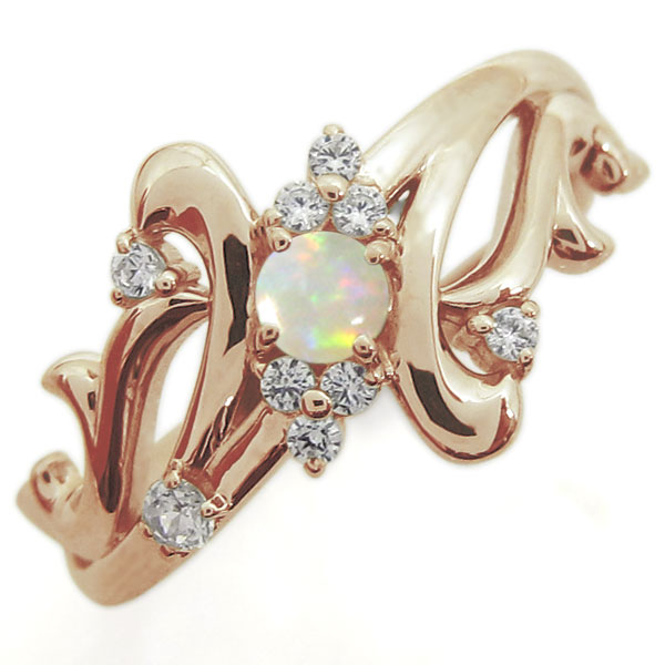 オパールリング 結婚記念日 唐草 婚約指輪 トライバルリング 10金