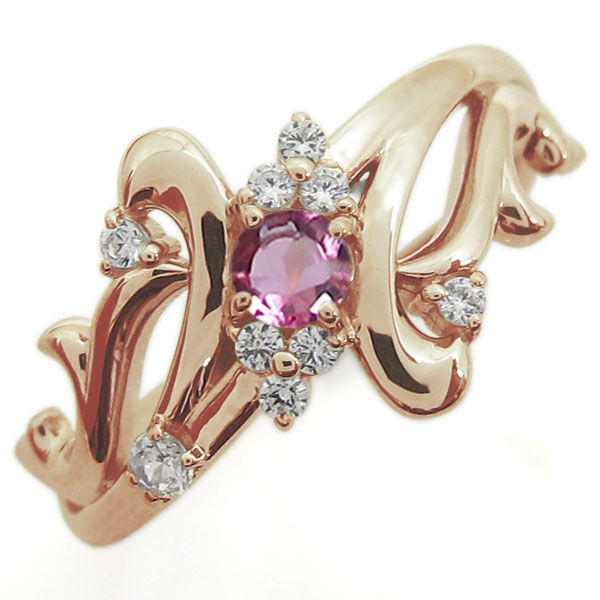 ピンクトルマリンリング 結婚記念日 唐草 婚約指輪 トライバルリング 10金