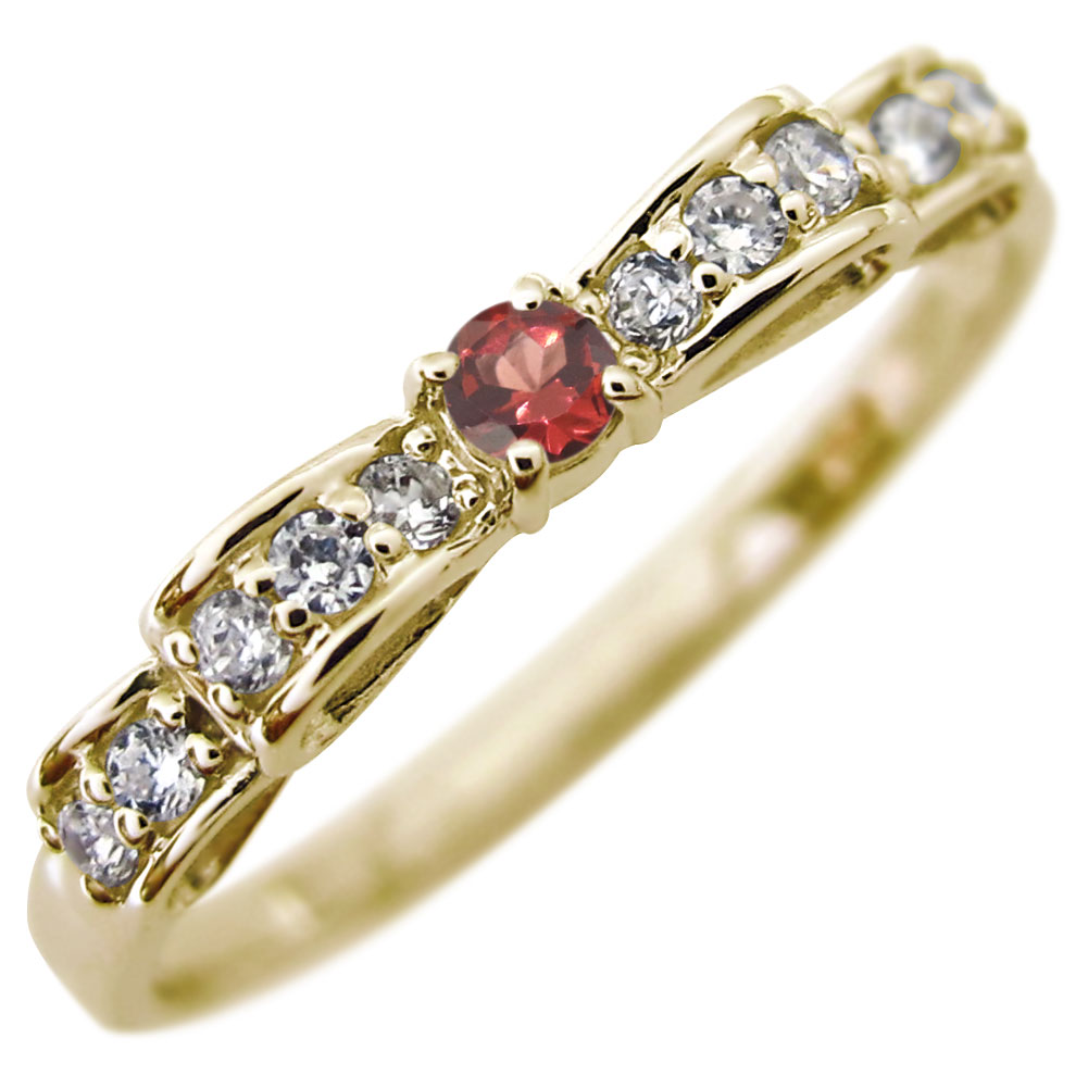 ガーネット 指輪 リボン 18k K18 ガーネット ピンキーリング 普段 使い 自分用