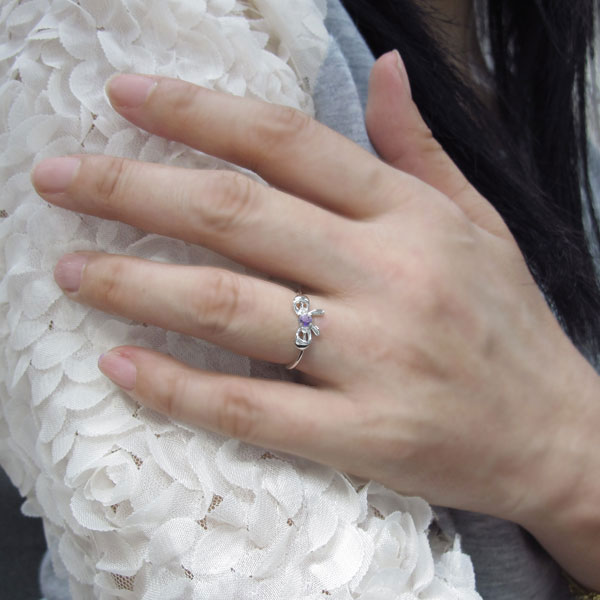 アメジスト リボンリング 蝶結び K18 大人可愛い 婚約指輪 りぼん