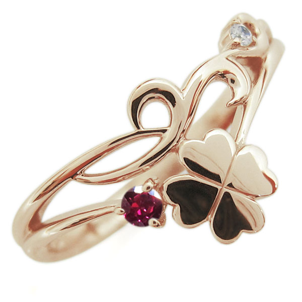 18金 クローバー ルビーリング アラベスク V字 指輪 唐草