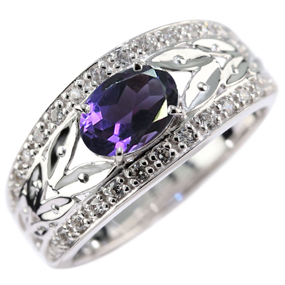 Amethyst - シルバーリング 誕生日プレゼントアメジスト ハーフエタニティリング シルバー925 ジュエリー リーフモチーフ レディース アメジスト 自分用 おしゃれ リーフデザイン 葉っぱ ゴージャス 高級 2月誕生石 人気