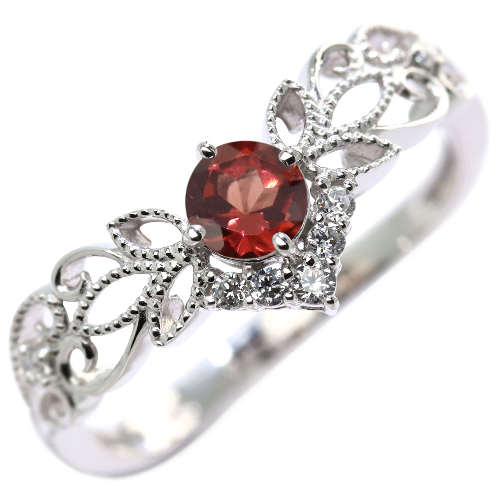 Garnet - ティアラ リング レディース ガーネット プラチナ 1月誕生石 pt900 唐草 指輪 天然石 V字 指輪 リーフ ミル打ち 綺麗 女性 おすすめ ジュエリー アラベスク