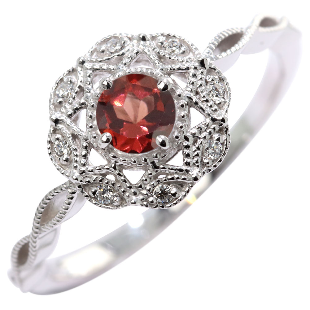 Garnet - 指輪 プラチナ レディース ガーネット リング 花 レース アンティーク pt900 天然石 クラシック フラワー 1月誕生石 プラチナリング ミル打ち 華やか 女性用