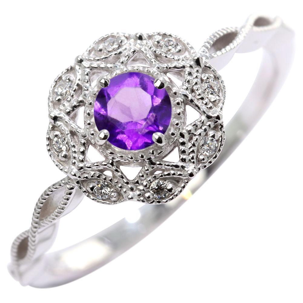 Amethyst - シルバー リング レディース アメジスト 取り巻き 2月誕生石 シルバー925 誕生石 SV925 アンティーク調