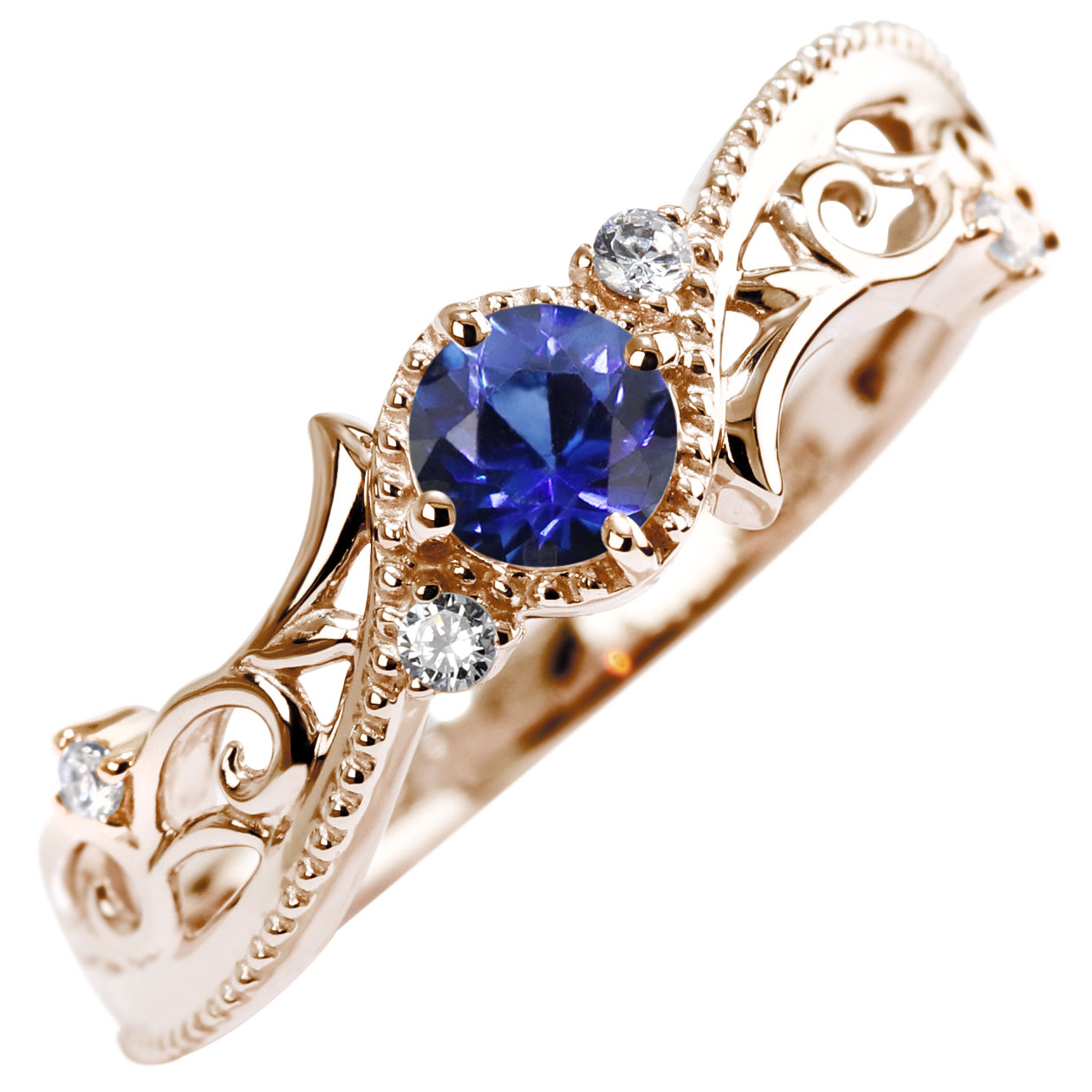 Sapphire - リング レディース 18金 サファイア 9月誕生石 アラベスク 指輪 唐草 18k エレガント 天然石 誕生石 バースデー プレゼント S字 ウェーブ 透かし ミル打ち フェミニン
