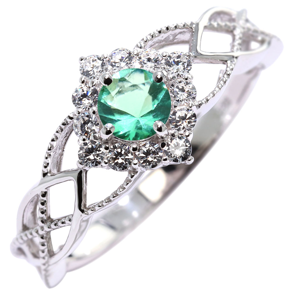 Emerald - 指輪 プラチナ レディース エメラルド リング レース アンティーク pt900 天然石 クラシック 5月誕生石 プラチナリング ミル打ち ライン 透かし 華やか 女性用