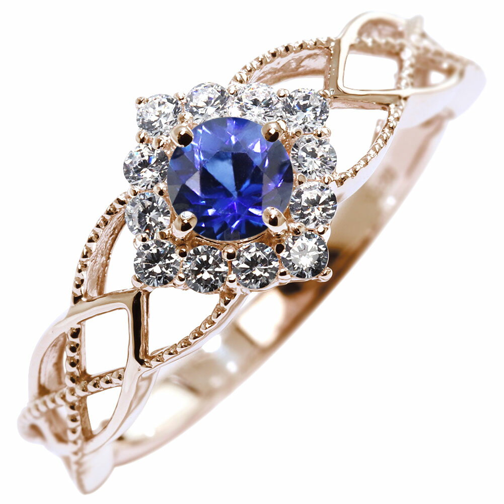 Sapphire - レディース 指輪 18金 サファイア 9月誕生石 レース 透かし 18k ゴールド 取り巻き ライン ゴージャス 華やか クラシック エレガント 女性 大人