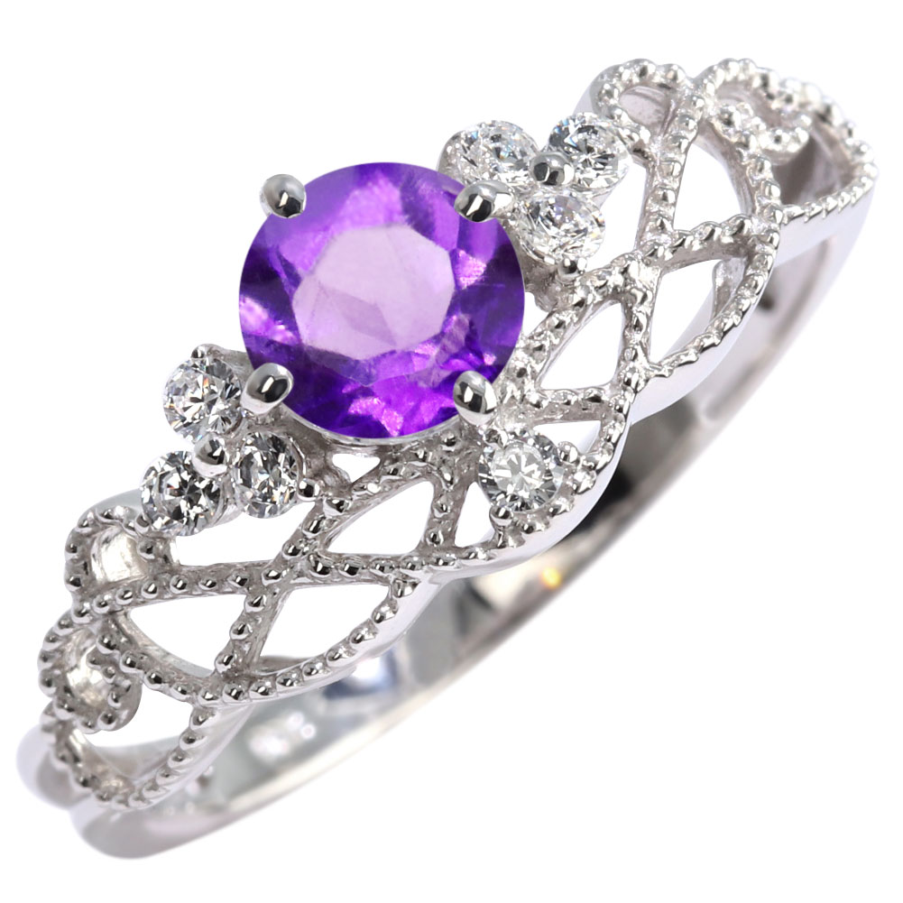 Amethyst - シルバー リング アメジスト 2月誕生石 レディース シルバー925 誕生石 SV925 ティアラ 透かし ライン レース ミル シルバーリング シルバーアクセサリー かわいい 人気 おしゃれ