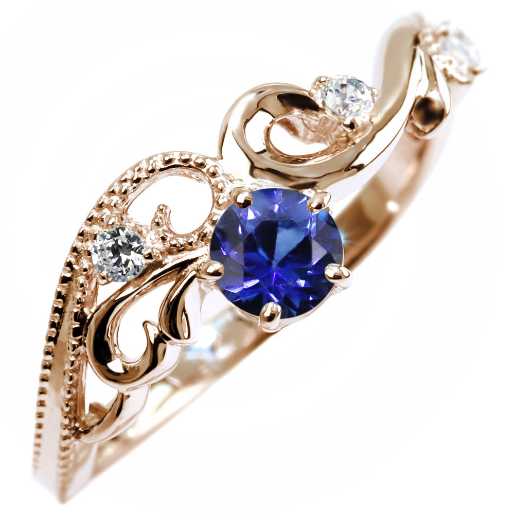 Sapphire - レディース リング サファイア アラベスク 唐草 k10 9月 10金 指輪 誕生石 大人 女性 ジュエリー ギフト S字 ウェーブ 透かし ミル打ち フェミニン