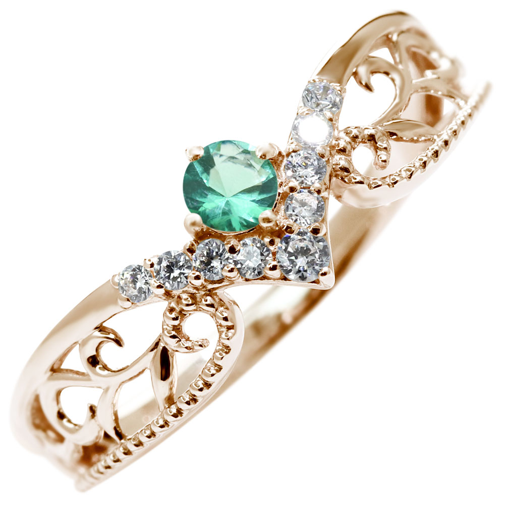 Emerald - 5月誕生石 ゴールド 指輪 エメラルドリング 18金 5月 エメラルド リング レディース 18K 18金指輪 プリンセス アラベスク V字 パヴェ ティアラ 唐草 綺麗 上品 大人 女性 ご褒美 自分用 アクセサリー
