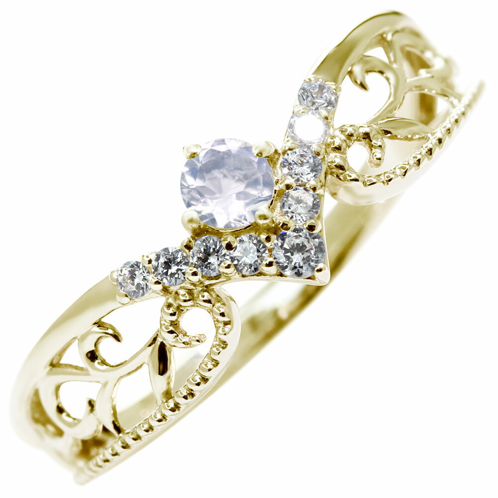 ブルームーンストーン 指輪 10金 レディース リング ムーンストーンリング 6月誕生石 10K ゴールドリング V字 パヴェ ティアラ 唐草 アラベスク キラキラ プレゼント アニバーサリー パーティー 大人女子 母の日