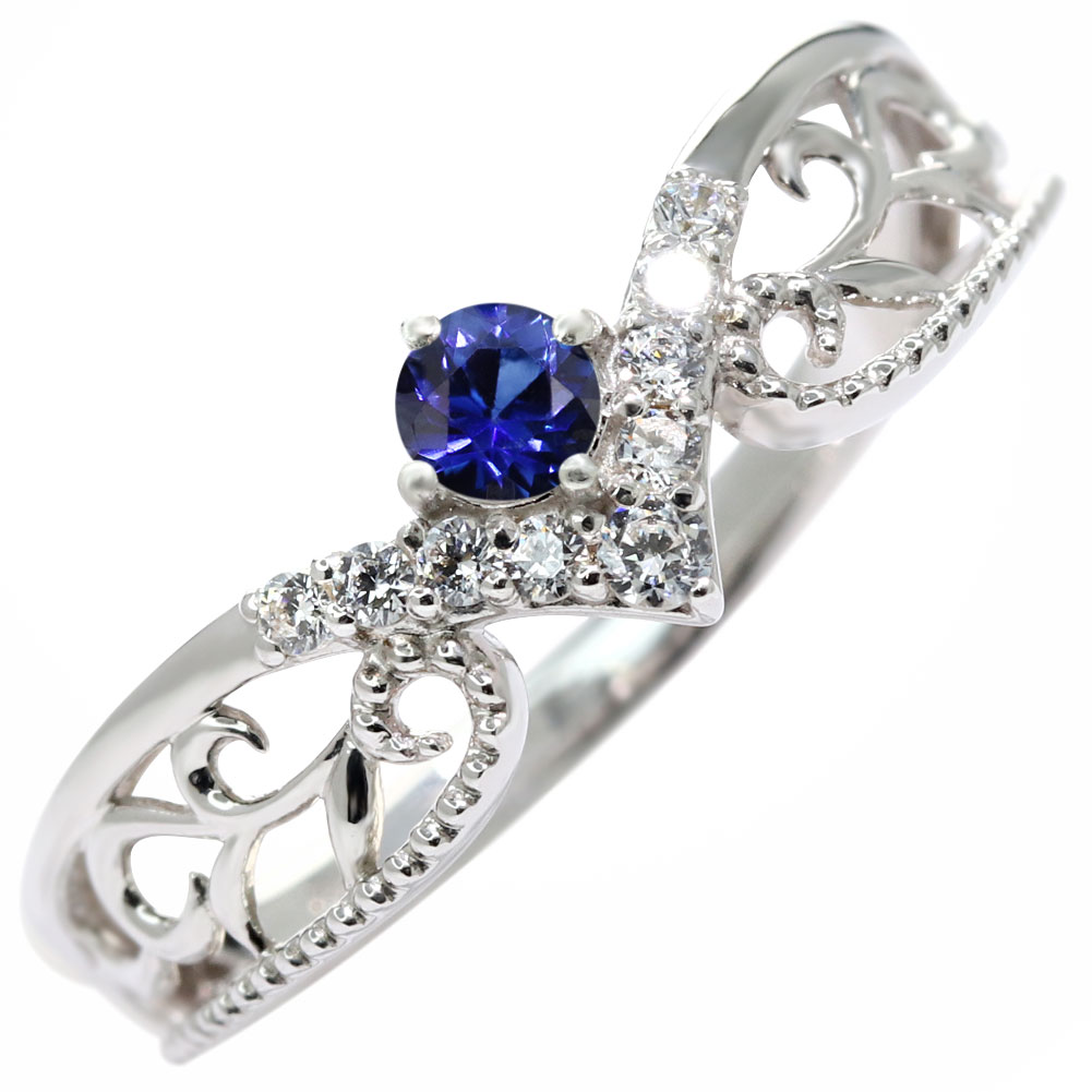 リング サファイア プラチナ 指輪 pt900 レディース 9月誕生石 プラチナリング サファイアリング 誕生石リング 天然石使用 ティアラ 唐草 V字 パヴェ 人気 おすすめ 姫リング プリンセス 工房直販