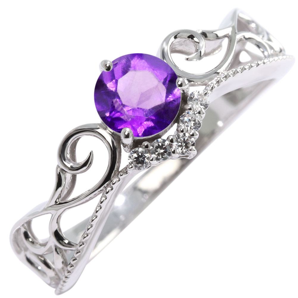 2月誕生石 指輪 シルバー リング アメジスト SV925 レディース ティアラ 透かし 模様 ミル V字 アラベスク 唐草 2月 ホワイトデー クリスマスプレゼント ご褒美 高見え 普段使い 母の日 還暦祝