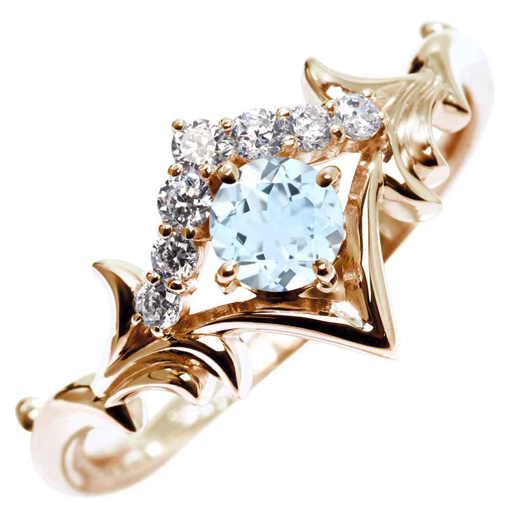 Pink Gold - 18金 指輪 リング アクアマリン 18k レディース 誕生石 3月 ティアラモチーフ 天然石 ピンクゴールド 女性 大人 上品 高級 華やか ギフト