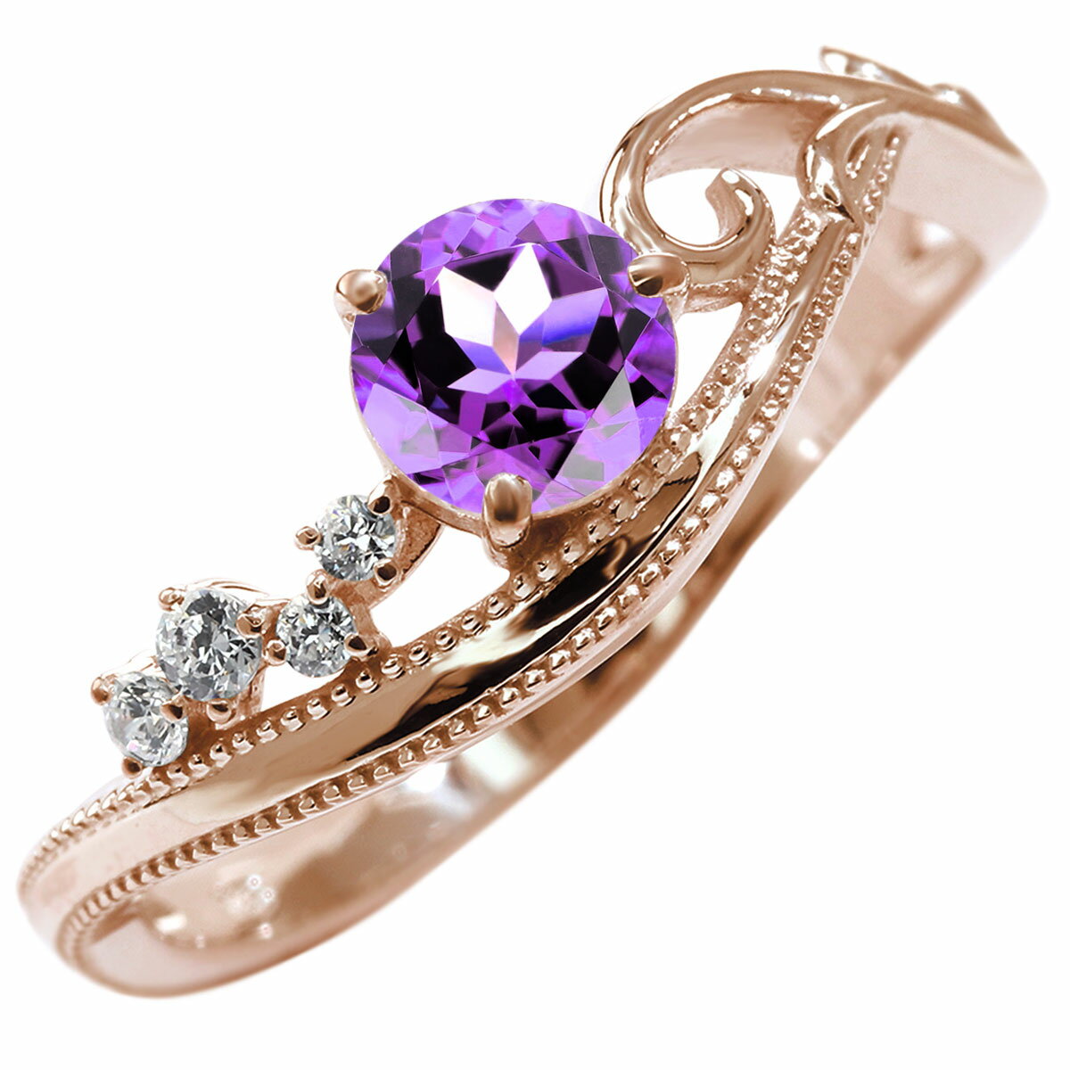 Amethyst - 18金 指輪 レディース アメジスト K18 リング 唐草 ウェーブデザイン 誕生石 2月 ミルグレイン 唐草 アラベスク 天然石 ジュエリー 女性 妻 彼女 誕生日 プレゼント おしゃれ 人気 おすすめ ギフト
