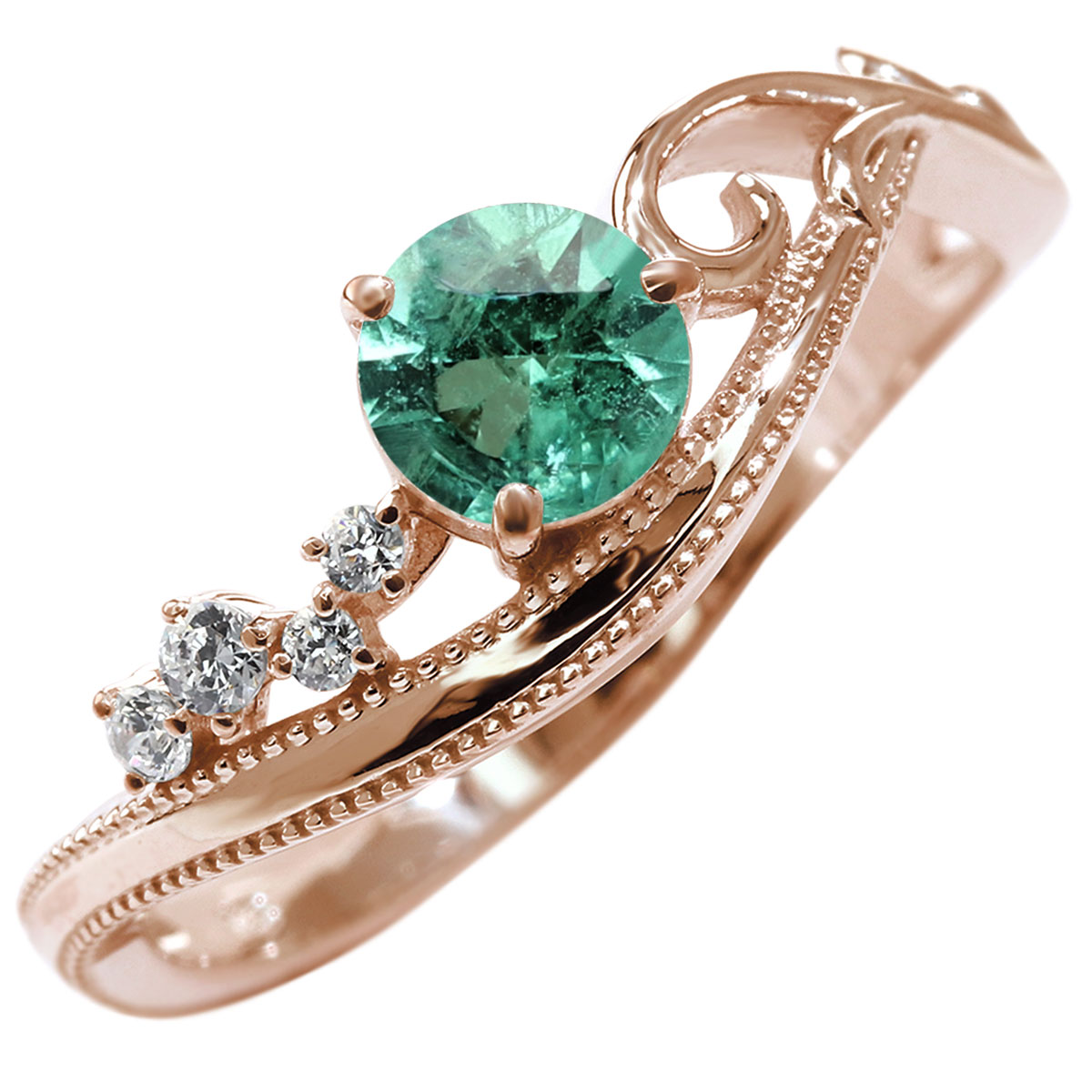 Emerald - 18金 指輪 レディース エメラルド K18 リング 唐草 ウェーブデザイン 誕生石 5月 ミルグレイン 唐草 アラベスク 天然石 ジュエリー 女性 妻 彼女 誕生日 プレゼント おしゃれ 人気 おすすめ ギフト