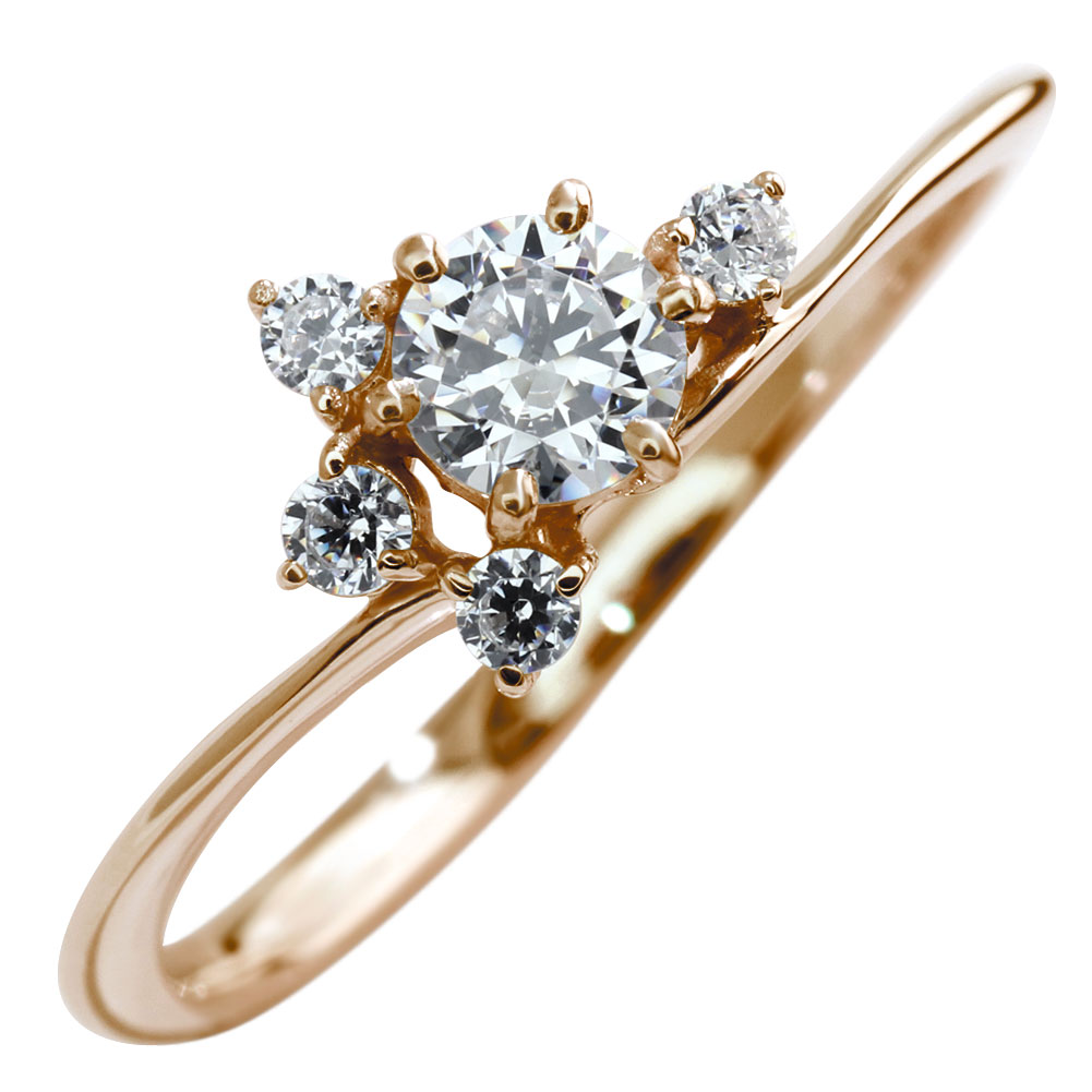 Pink Gold - 指輪 レディース リング 10金 ダイヤモンド 花 フラワーリング K10 4月誕生石 ウェーブライン 細身 かわいい 大人女子 ジュエリー おしゃれ 普段使い 上品