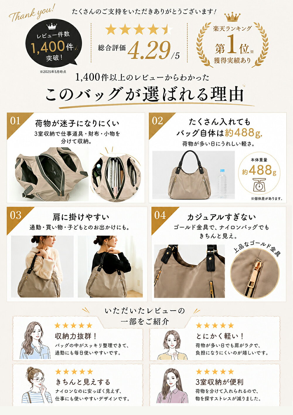 クーポンで5,489円《45％OFF》【楽天1位】トートバッグ レディース ナイロンバッグ 軽量 大容量 撥水 3層収納 多収納 ファスナー 通勤バッグ 通学バッグ 肩掛けバッグ お仕事バッグ マザーズバッグ 旅行バッグ ポケット多数 おしゃれ ナイロントートバッグ 収納力抜群 plenty-one-10040489 バッグ通販 クロスチャーム サンプル画像2