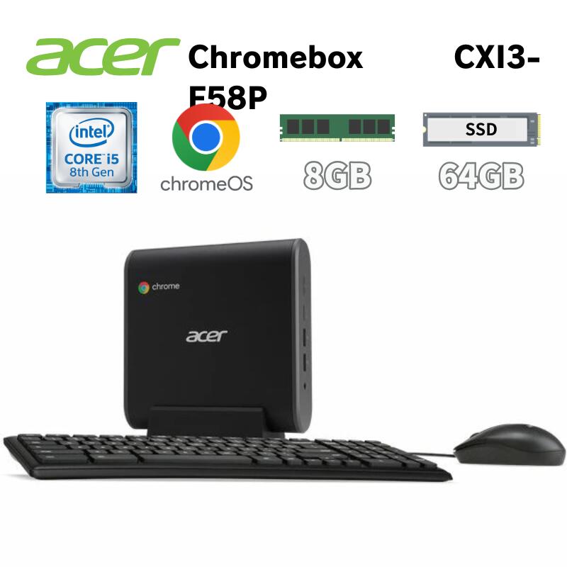 Acer ( エイサー ) コンパクト デスクトップパソコン chromebox CPU 第8世代 intel i5-8250U メモリ 8GB SSD 64GB Chrome OS 縦置き VESA マウント 対応 マウス キーボード 付属 クロームボックス CXI3-F58P 【メーカー認定整備済み製品】