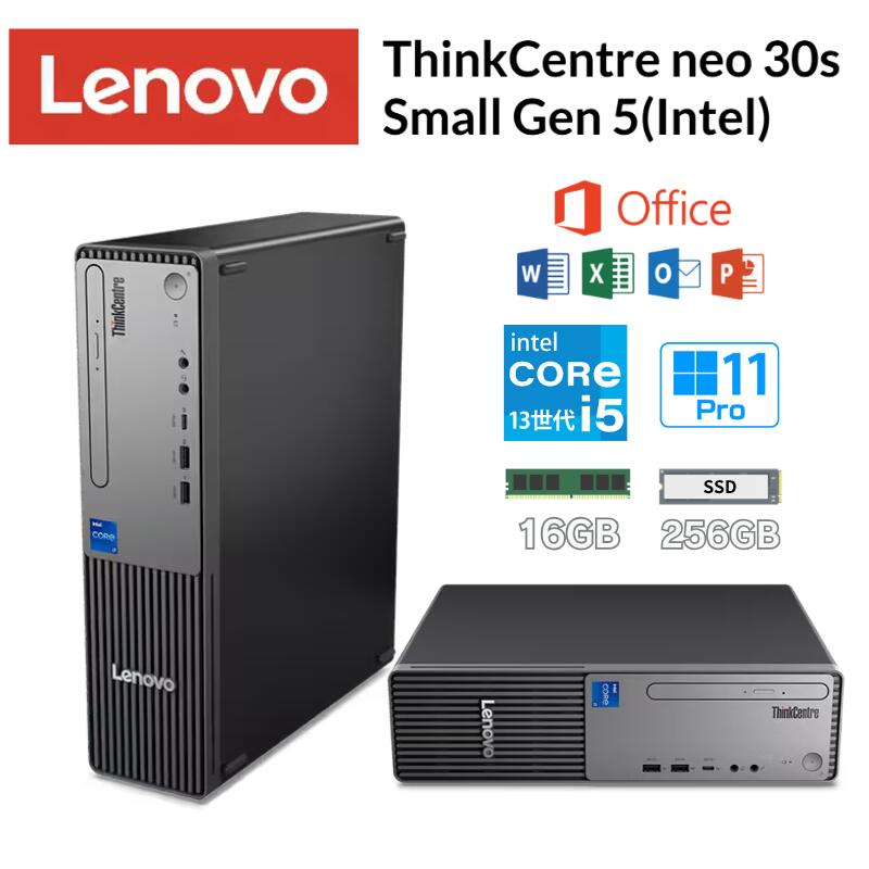＜おすすめポイント＞コンパクトな筐体に、第13世代インテルCore i5のHシリーズプロセッサーを搭載した省スペースデスクトップPCです。優れた処理能力を持ちながら、前面にUSB Type-CやUSB 3.2ポートを配置するなど、高い利便性を備えています。限られたデスクスペースでも、ビジネスアプリケーションのマルチタスクを快適にこなせる設計です。デスクの作業スペースを広く確保したいビジネスユーザー。複数の周辺機器やモニターを接続して効率的に作業を行いたい事務職・専門職の方。 ＜詳細スペック＞ ■ メーカーLenovo (レノボ) ■ モデル名ThinkCentre neo 30s Small Gen 5 (Intel) ■ オフィスMicrosoft Office:Microsoft Office Home & Business 2024(法人向け) ■ OSWindows 11 Pro 64bit ■ CPUインテル Core i5-13420H プロセッサー (8コア / 12スレッド / 最大 4.60GHz) ■ メモリ16GB (DDR5 SDRAM SODIMM) ■ ストレージ256GBSSD(M.2 PCIe NVMe) ■ グラフィックインテル UHD グラフィックス (内蔵) ■ ディスプレイなし ■ 有線LAN10BASE-T/ 100BASE-TX/ 1000BASE-T対応 (RJ-45) ■ 無線通信なし ■ インターフェース前面：USB 3.2 Gen1 Type-C×1、USB 3.2 Gen1 Type-A×2 / 背面：USB 2.0×2、HDMI×1、DisplayPort×1、VGA×1、RJ-45×1、オーディオジャック ■ 光学ドライブDVDスーパーマルチドライブ ■ サイズ92.5x291.7x339.5mm ■ 重量約 4.6 kg ■ セキュリティTPM 2.0 (TCG準拠)、ケンジントン・ロック用スロット ■ 付属品電源コード ■商品状態 新品　 ■保証 メーカー保証付き ※こちらの商品は初期不良の場合も含めてメーカー直接サポートのみとなります。 サポートを受ける際はメーカーサポート窓口までご連絡ください。　 ■備考 本商品は日時指定・代引き決済不可の商品になります。 ご法人様の確認に関しましてはご注文者情報にて確認できない場合、ご連絡をさせていただきます。 条件に当てはまらない場合に関しては誠に恐れ入りますが、ご注文をキャンセルとさせていただきます。 製品仕様詳細についてはメーカーホームページをご参照ください。他サイトでも併売しているため、万が一、在庫完売時はご連絡の上、ご注文のキャンセル処理を手続きさせていただきます。　