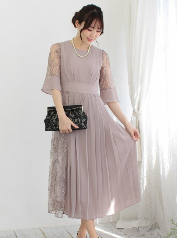 即日発送 PLIQUA プリカ ドレス PC【在庫】【新作】レース＆プリーツミックスドレス（ローズベージュ）