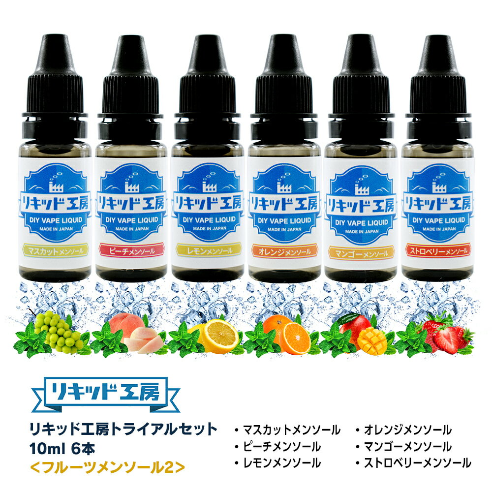 送料無料 電子タバコ リキッド 人気フレーバー お試しセット フルーツメンソール2 10ml 6本 ピーチ/レモン/マスカット/ストロベリー/オレンジ/マンゴー 天然素材 強い刺激 10ml 混ぜて使える V…