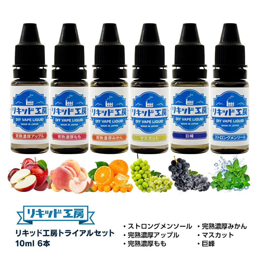 送料無料 電子タバコ リキッド 人気フレーバー お試しセット 10ml 6本（ストロングメンソール 完熟アップル 完熟桃 完熟みかん マスカット 巨峰） 天然素材 強い刺激 10ml 混ぜて使える VAPE 対応