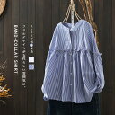 バンドカラー シャツ レディース ブラウス ストライプ柄 立ち襟 バンドカラーシャツ チュニック 大人可愛い スタンドカラー 羽織り フリル ギャザー ペプラム...