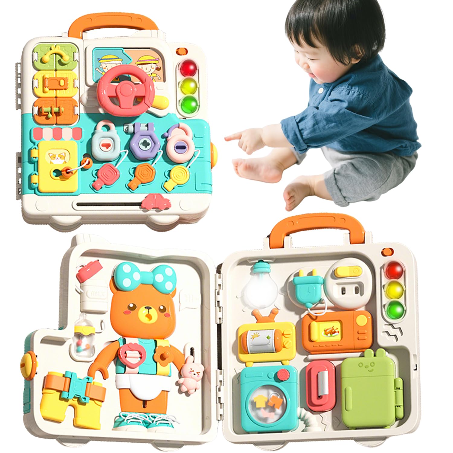 ベビービジーボックス 赤ちゃん おもちゃ 3歳 知育玩具 家電生活交通3シーン 音楽ライト 指先遊び 英語学習 & 生活スキル育成 誕生日プレゼント 女の子 男の子 クリスマスプレゼント 折りたたみ 持ち運び