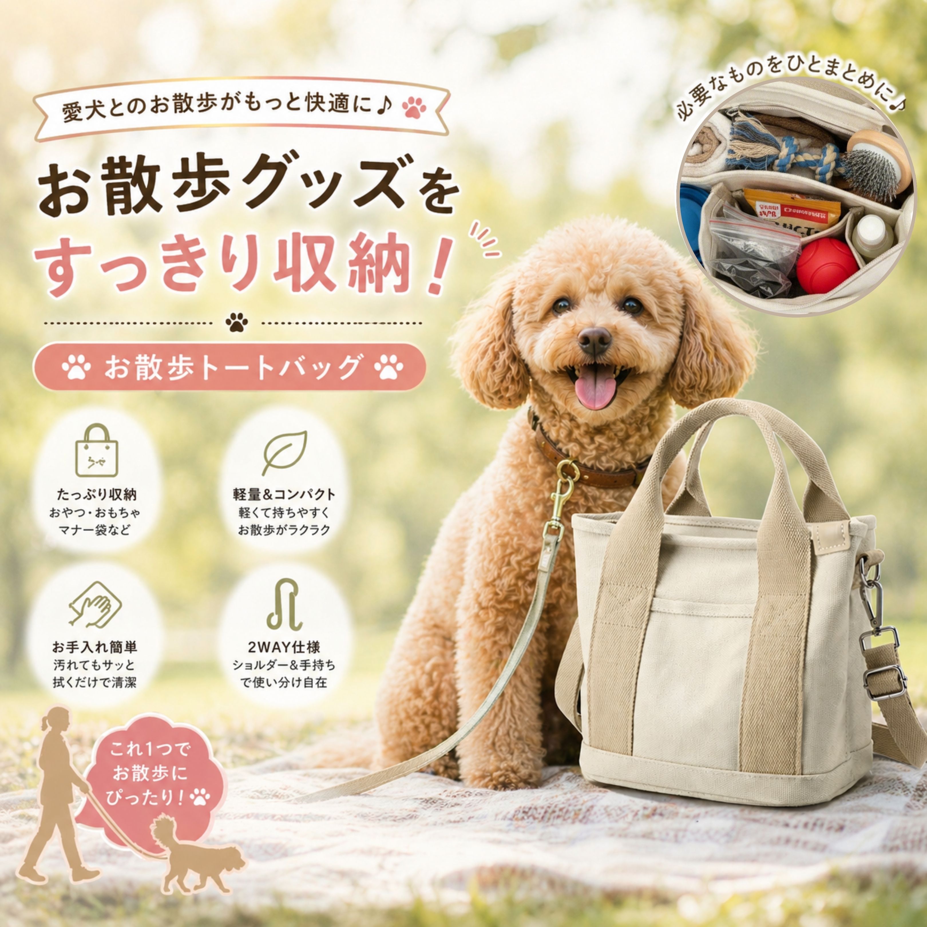 【最強発送】【好評】犬 散歩バッグ 2way お散歩バッグ ファスナー付き 散歩 バッグ 犬散歩バック 犬散歩用バッグ コンパクト 大容量 多機能 キャンバス生地 ペットボトル 仕切り付き