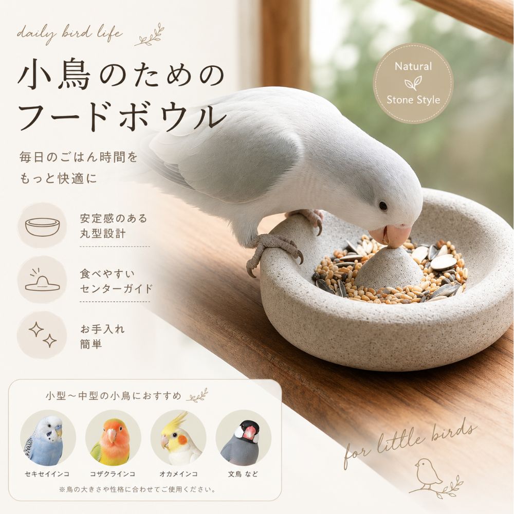 小鳥の食べやすさを考えた、天然石風フードボウル。 中央のガイド形状により、餌が周囲へ散らばりにくく、スムーズに食事ができます。 安定感のある丸型デザインで倒れにくく、小鳥の毎日の食事や給水におすすめです。 ざらつきのある天然石風テクスチャを採用。 食事をしながら、くちばしや爪の自然なお手入れをサポートします。 インテリアにもなじみやすいシンプルなデザインで、ケージ内をすっきりと演出します。 【特徴】 ・食水兼用デザイン ・センターガイド付き ・食べこぼしを軽減 ・天然石風テクスチャ ・くちばし＆爪ケア設計 ・安定感のある丸型設計 ・お手入れ簡単 【サイズ】 直径：約15cm 高さ：約4cm 重量：約250g 【対象鳥種】 セキセイインコ コザクラインコ ボタンインコ オカメインコ 文鳥 その他小型～中型鳥類 【ご注意】 ※天然木を使用しているため、木目・色味・サイズ・形状には個体差があります。 ※モニター環境により、実際の商品と色味が異なって見える場合がございます。 ※サイズにつきましては、商品ページ内のサイズ表をご確認ください。 なお、測定方法により多少の誤差が生じる場合がございます。 ※生産時期により、タグ・パッケージ等が若干異なる場合がございます。 ※商品ごとに発送予定日が異なりますため、ご注文前に配送予定をご確認いただけますと幸いです。 ※商品は出荷前に検品を行っておりますが、万が一不具合がございました場合は迅速に対応いたしますので、安心してお買い求めください。 -------------お探しのワードからも見つけやすいよう、関連キーワードをまとめました----------- 小鳥用フードボウル 小鳥用食器 鳥用食器 インコ 食器 インコ 餌入れ 鳥 餌皿 文鳥 食器 小鳥 餌入れ フードボウル 水入れ 食水兼用 鳥用品 小鳥用品 セキセイインコ コザクラインコ オカメインコ バードフィーダー ケージ用品 ペット用品 レビューを書いていただけるお客様に　　プレゼントをお付けしております♪ 　　※ レビュー特典をご希望な場合、　　必ずこのページをお買い物カゴに　　追加して、ご購入商品と一緒に　　ご購入ください。 　　※複数購入の場合でも、1商品につき、　　1つの特典となります。 　　※当店その他のレビュー特典をご利用希望の場合は　　併用できません。ご了承ください。 　　※特典は定期的な送付となり繫忙期など　　は送付が遅れる場合があります。 　　※プレゼントの返品・交換は致しかね　　ます。 　　※商品到着前のレビューは無効です。　　必ず到着後にお願いします。