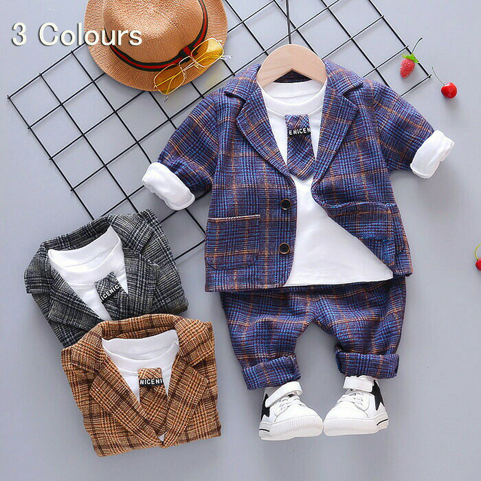 商品詳細 商品内容 3点セット ジャケット+ズボン+Tシャツ カラー （写真とおり） サイズ 80:ジャケットの丈約34CM　バスト約27*2CM　ズボンの丈約45CM おすすめ身長75以内CM 90:ジャケットの丈約36CM　バスト約28*2CM　ズボンの丈約48CM おすすめ身長75-85CM 100:ジャケットの丈約38CM　バスト約29*2CM　ズボンの丈約51CM おすすめ身長85-95CM 110:ジャケットの丈約42CM　バスト約30*2CM　ズボンの丈約54CM おすすめ身長95-105CM 素材 コットン ポリエステルなど 生産国 中国 納期 至急ご利用頂く場合は事前にメールでご連絡お願いします。 ご注意（必ずご確認ください） ●写真と実際の商品の色は多少異なる場合がございます。 ●サイズ平置き採寸ですので若干の誤差が生じる場合がございます。 ●掲載画像のデザインや仕様は予告なく変更される場合がございます ●生産ロット(時期)によっては、多少色味が異なる場合がございます 何かご不明な点、ご要望など御座いましたら、メールにてお気軽に問い合わせください。
