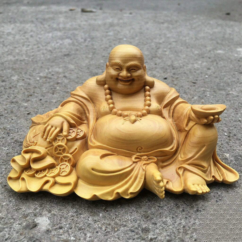 布袋様 置物 木製 崖柏木 彫刻 仏像 弥勒仏 七福神 開運 招財 幸運 金運祈願 縁起...