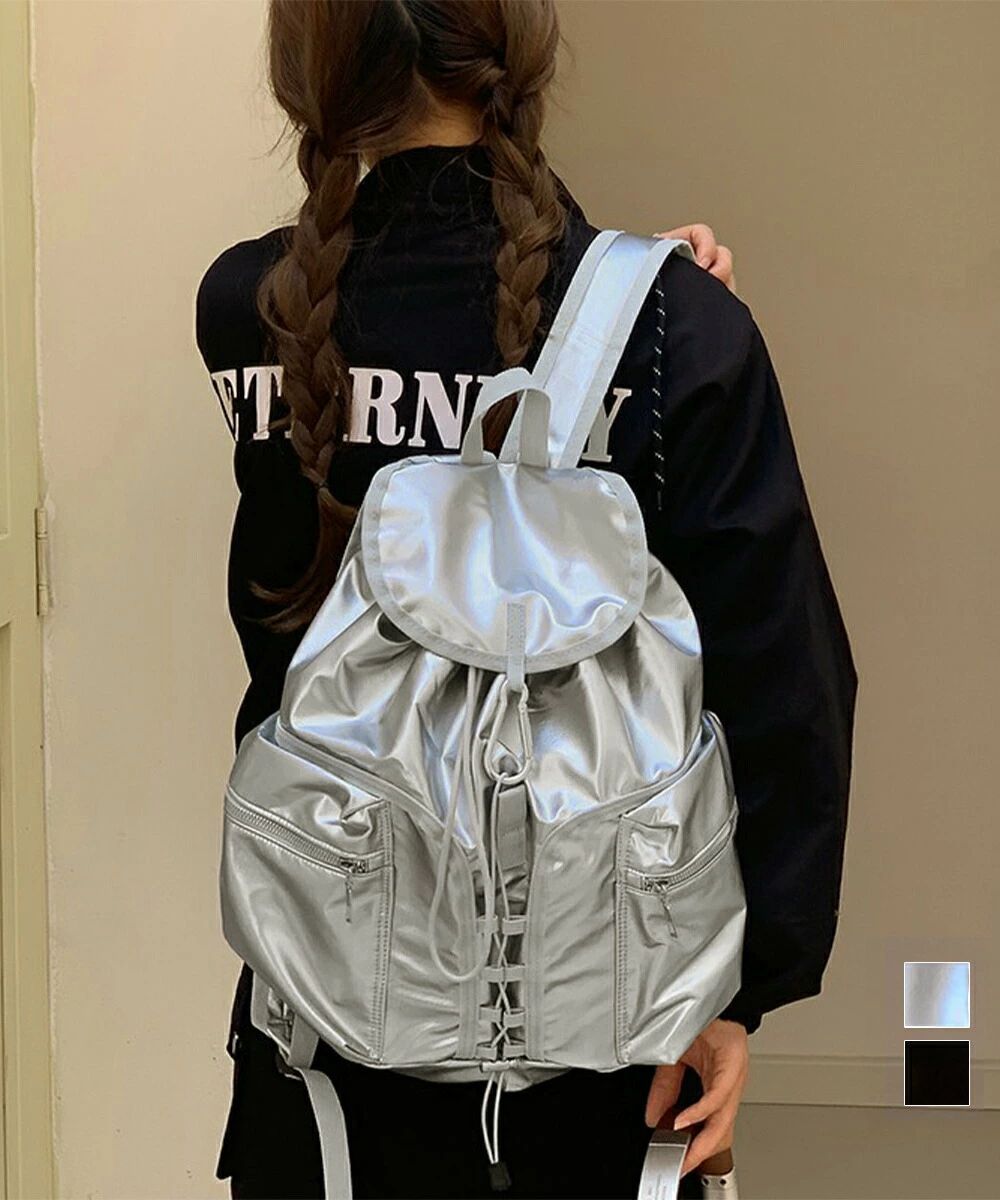 巾着リュック メタリック ドロストバッグ 大人可愛いリュックサック 大容量 おしゃれ デイパック通学 大収納リュック男女兼用 レディース大きめリュック ナイロン鞄