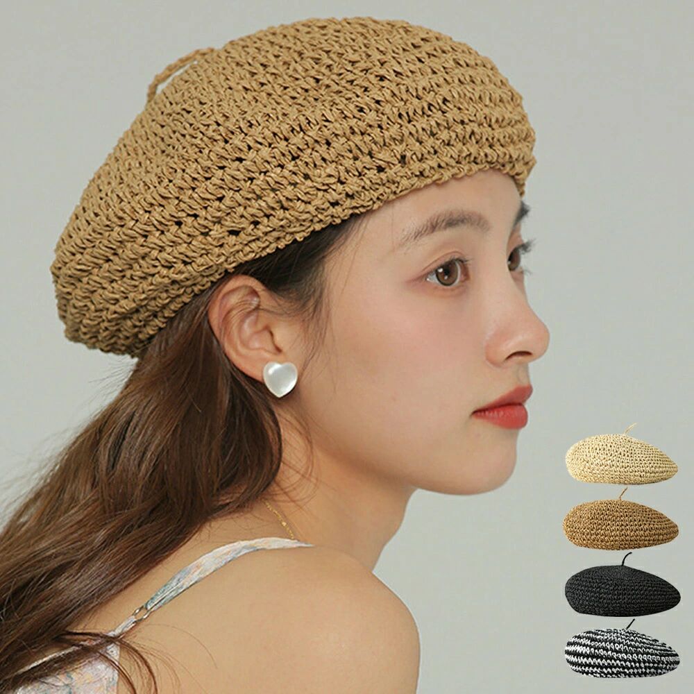 ベレー帽 麦わら帽子 レディース帽子 夏 韓国 小顔 メッシュ 折りたたみ 紫外線対策ぼうし 丸み トレンド感 大人可愛い カジュアル ボーダー 旅行 アウトドア