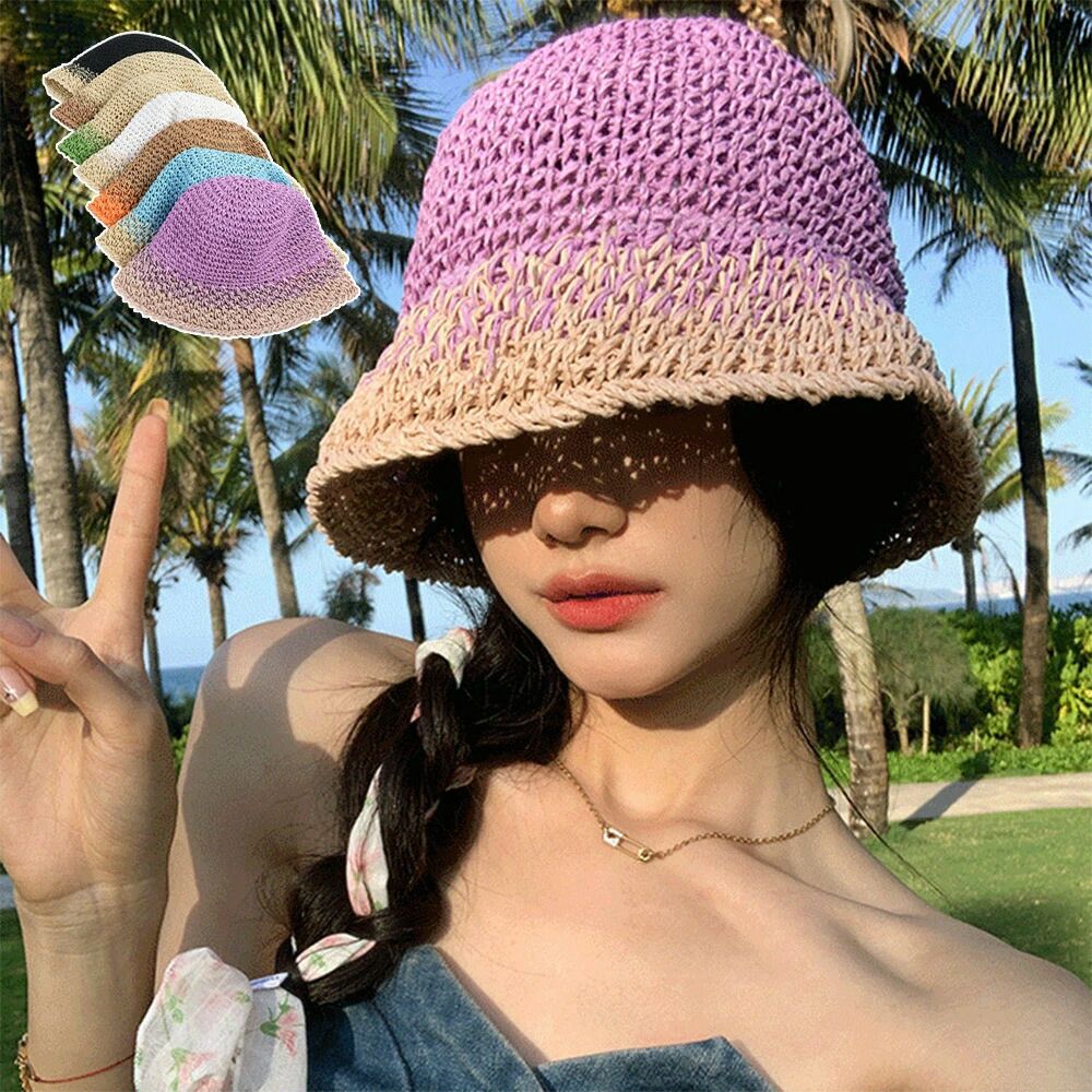 麦わら帽子 配色ストローハット 小顔韓国 レディース帽子 バケットハット ナチュラル uv対策 日焼け対策 折りたたみ 通気性 リゾート 夏海 可愛い おしゃれ