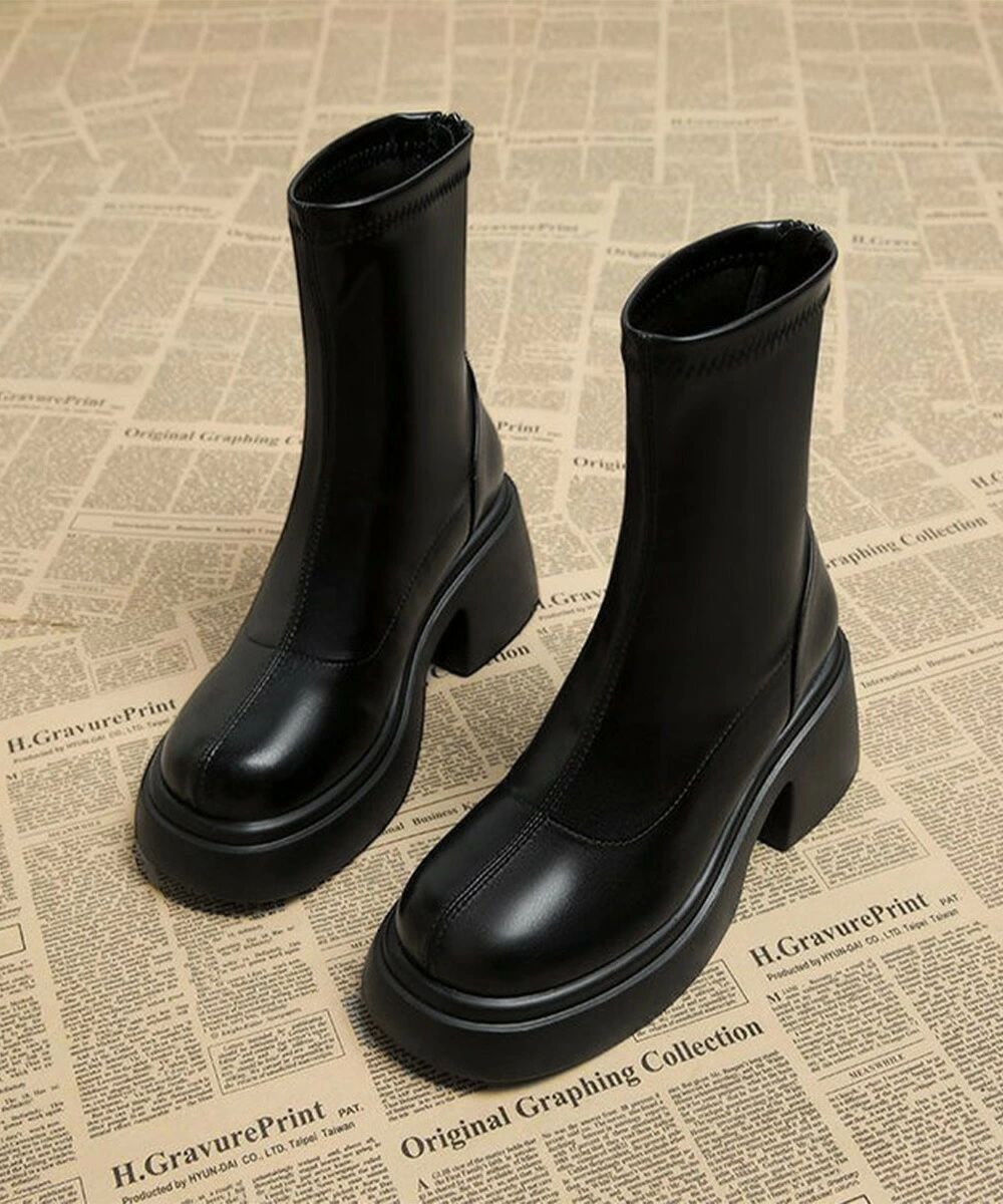 PUレザーショートブーツ バックジッパー 厚底ワークブーツ レディース ラウンドトゥ コンフォートブー..