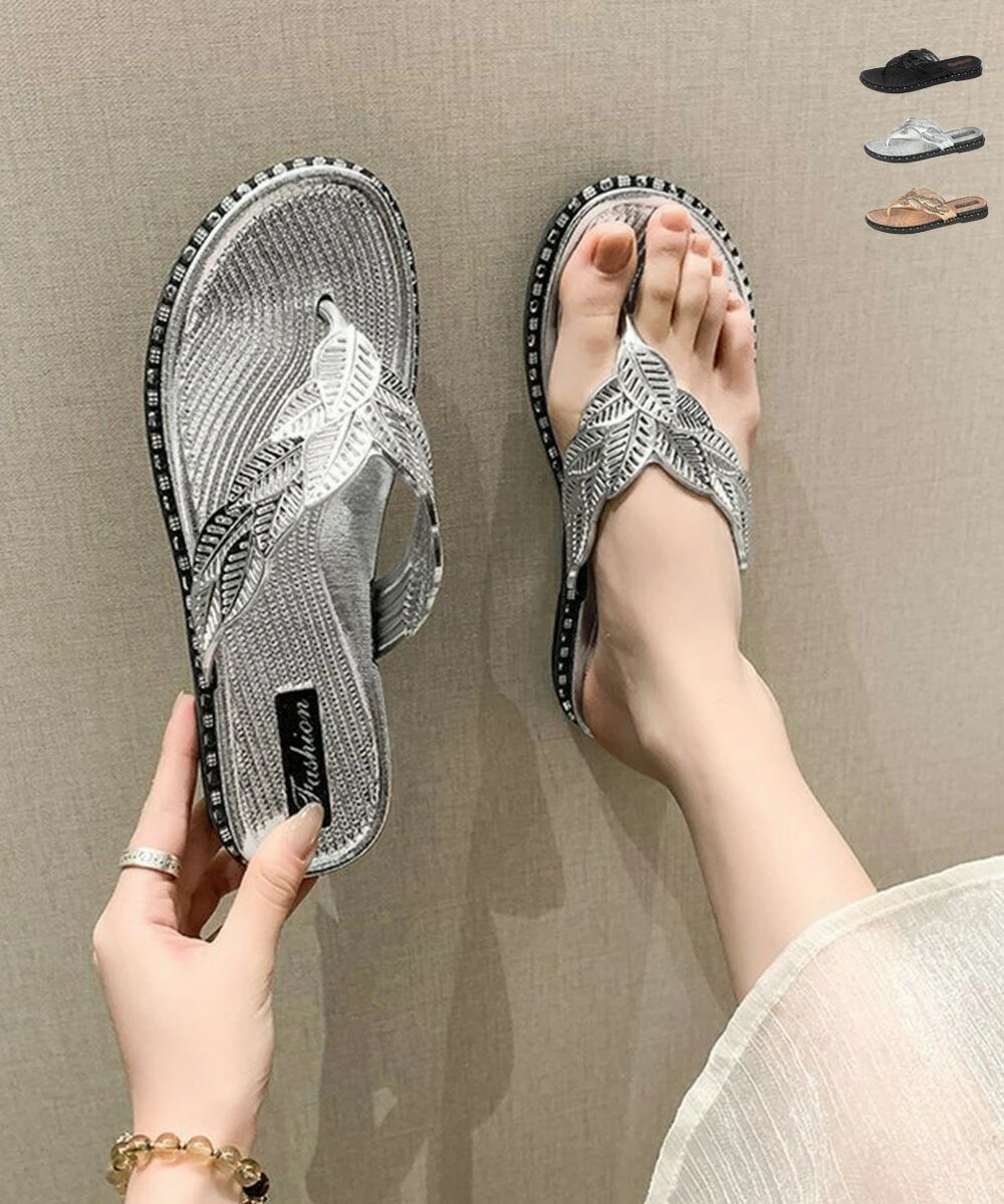キラキラトングサンダル ビーチサンダル夏 葉っぱモチーフサンダル レディース 歩きやすいスリッパ きれいめ フラットサンダル 痛くない コンフォートサンダル韓国風