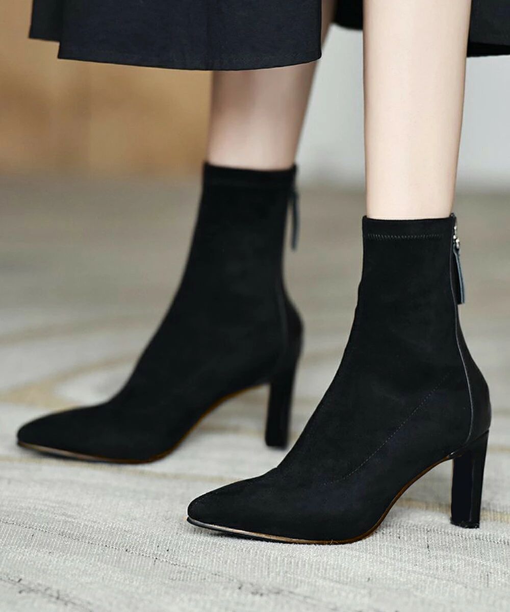 ショートブーツ レディース 暖かい裏起毛 ポインテッドトゥ 美脚ブーツ ブーティ チャンキーヒール シンプル 無地 秋冬 履きやすい ショート丈 軽量靴 おしゃれ