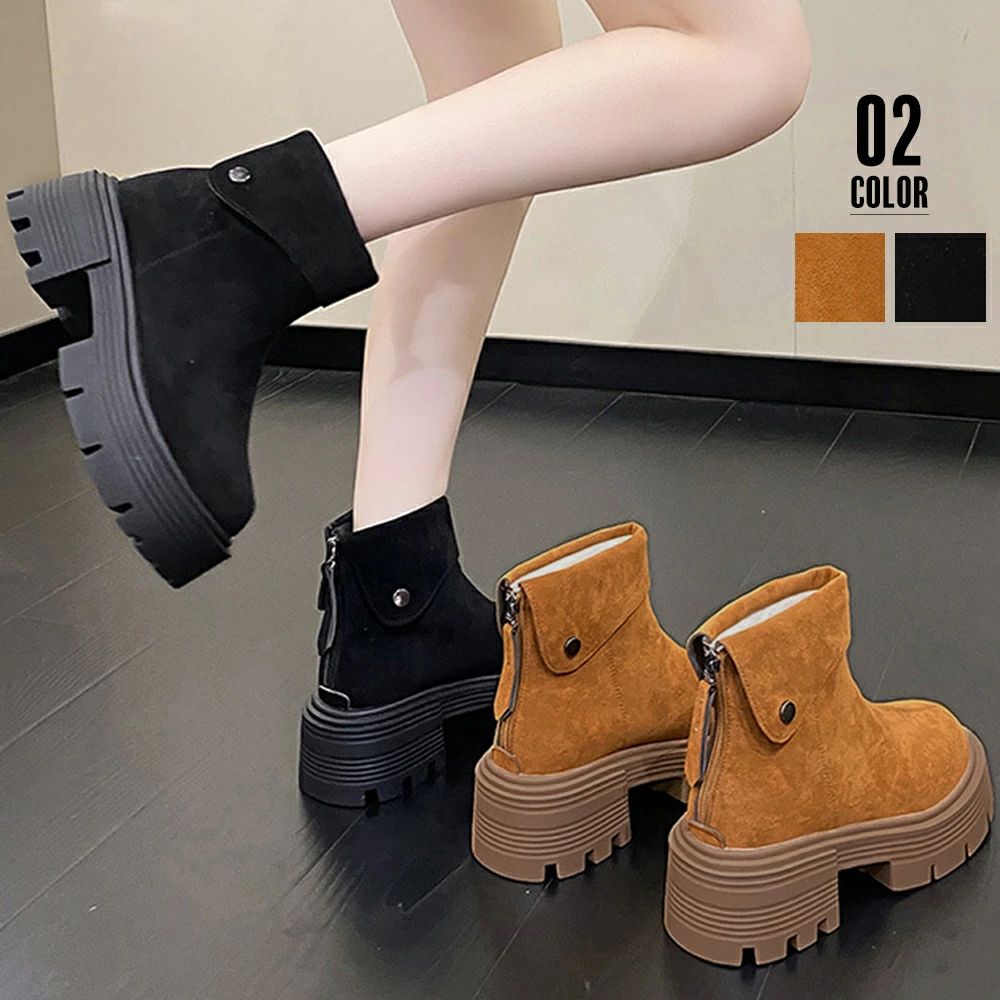 ショートブーツ 厚底 バックジップ 韓国 レディースブーツ ワークブーツ ファスナー付き スエード調ブーツ 履きやすい靴 秋冬 歩きやすい 美脚 カジュアルくつ