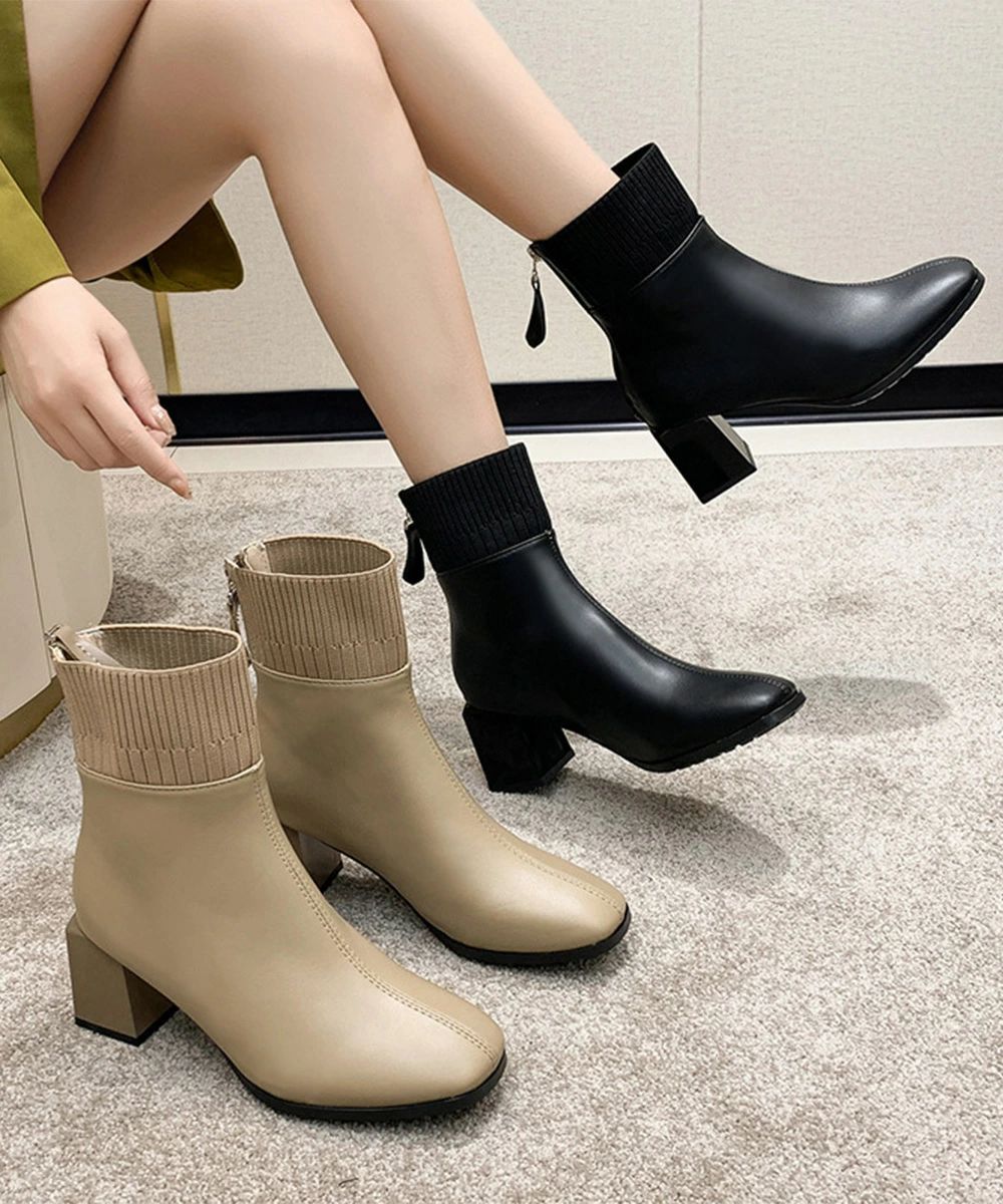 ショートブーツ 美脚 リブ切り替えブーツ レディース 裏起毛ソックスブーツ PUレザー スクエアトゥブーツ 太ヒールブーティ 痛くない 疲れないブーツ きれいめ靴