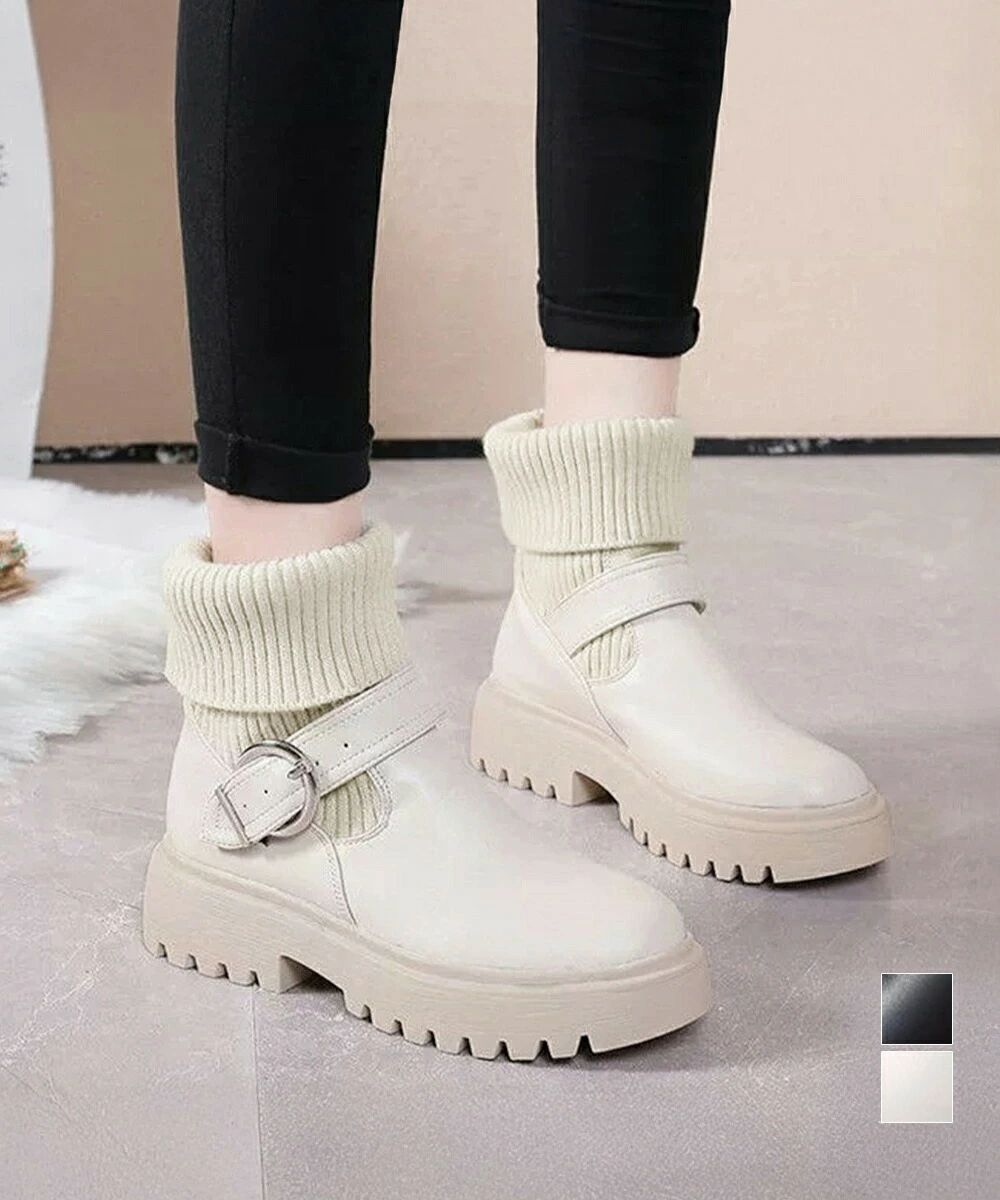 ニットブーツ レディース ソックスブーツ 厚底ショートブーツ 2way美脚ワークブーツ バックルベルト 秋冬ブーティー カジュアルシューズ 歩きやすい靴おしゃれ