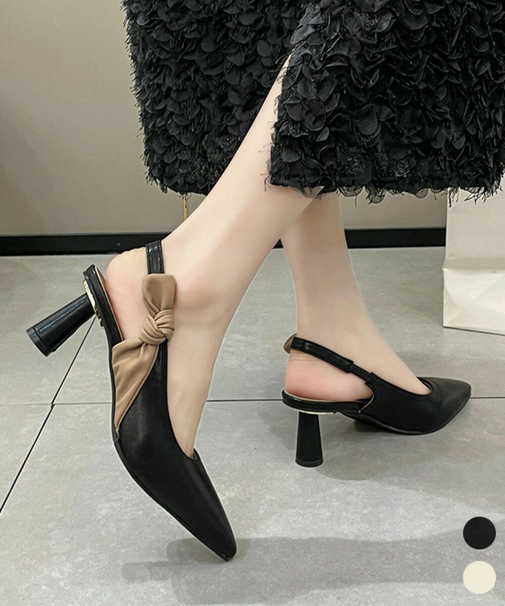 ハイヒールパンプス ポインテッドトゥ配色 オフィスカジュアル 美脚 リボンパンプス バックストラップ フェミニン 疲れにくい靴 痛くないシューズ きれいめ 春秋夏 90JIANLONG-007