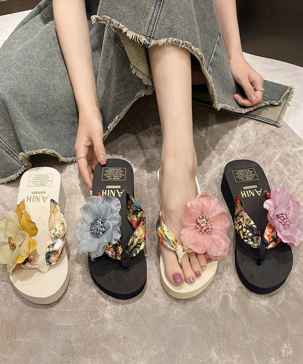 ビーチサンダル 花飾りトングサンダル厚底 ウェッジソール 歩きやすい ビーチスリッパ レディース ボヘ..