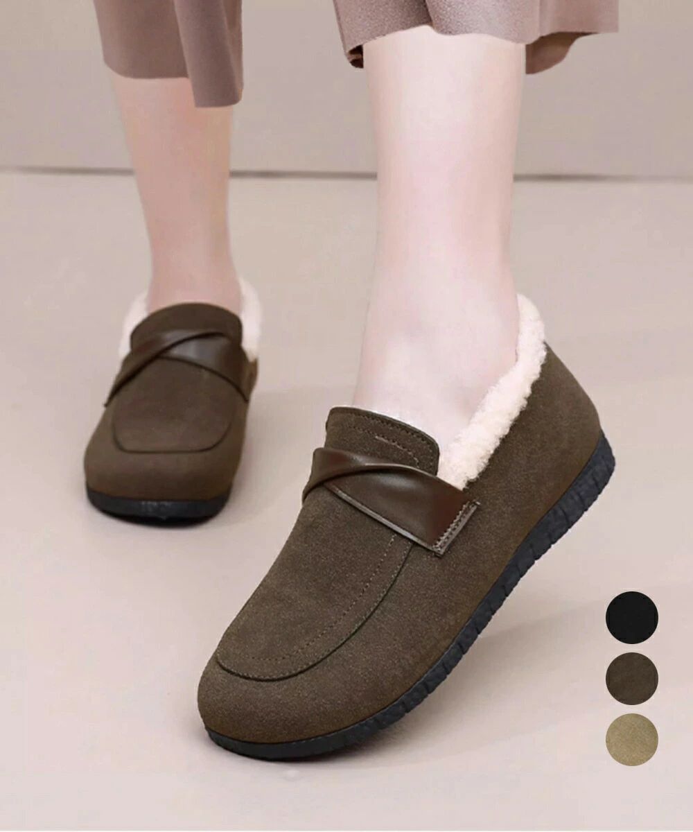 ファーモカシンシューズ レディース裏起毛 フラットシューズ あったか フェイクムートン ぺたんこローファー 歩きやすい 防寒保温 冬靴 履きやすい ファーパンプス 84TONGT-011 ランキング受賞