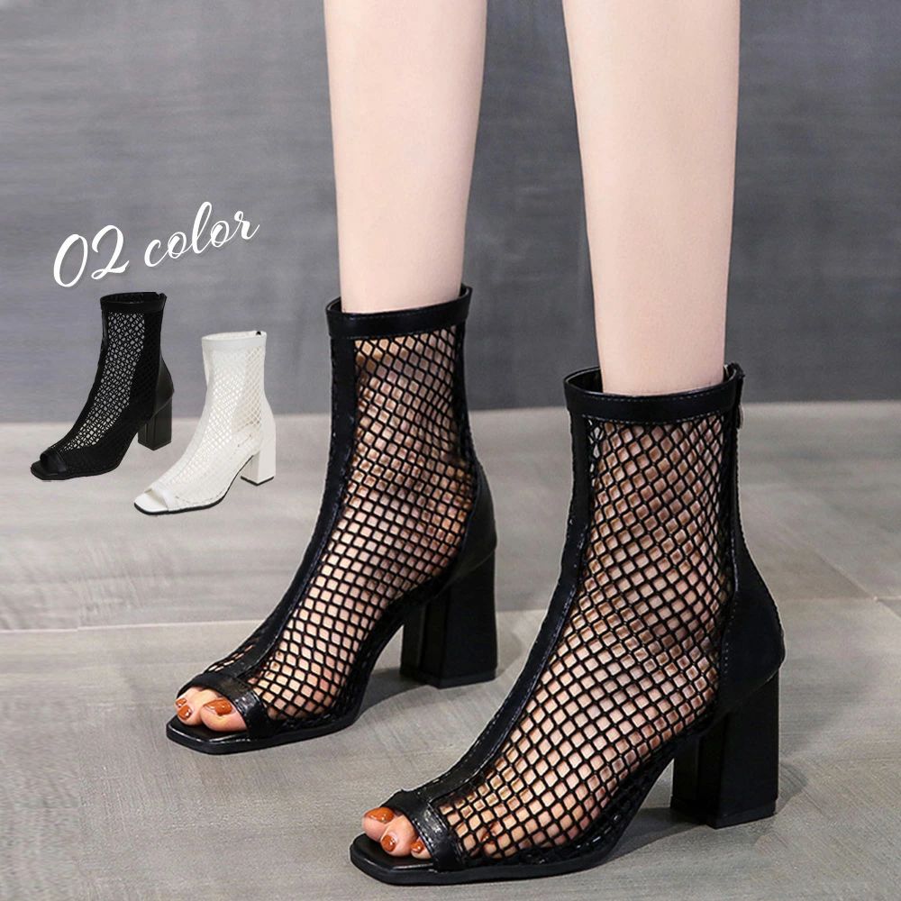 メッシュ ブーツサンダル 夏 太めヒール オープントゥ サマーブーツ レディース バックジッパー ハイヒール夏ブーツ 歩きやすい 通気性 美脚脚長 おしゃれ 夏靴 3JIANLONG-069 ランキング受賞