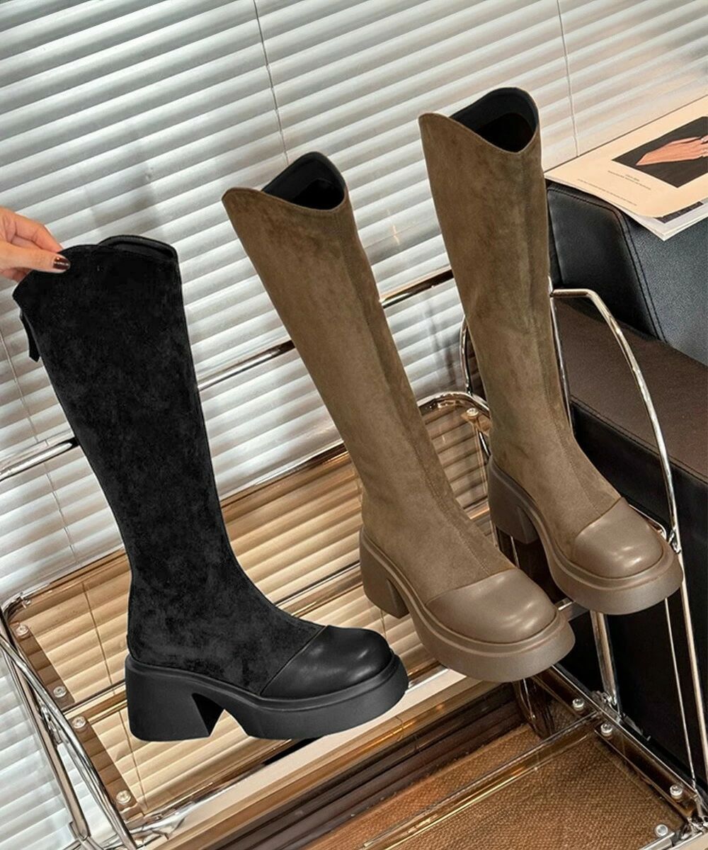 ロングブーツ レディース スエード調 ジョッキーブーツ ジッパー付き チャンキーヒール 秋冬 膝下 オルチャン おしゃれ オフィスカジュアル 疲れにくい 99JGXY-001