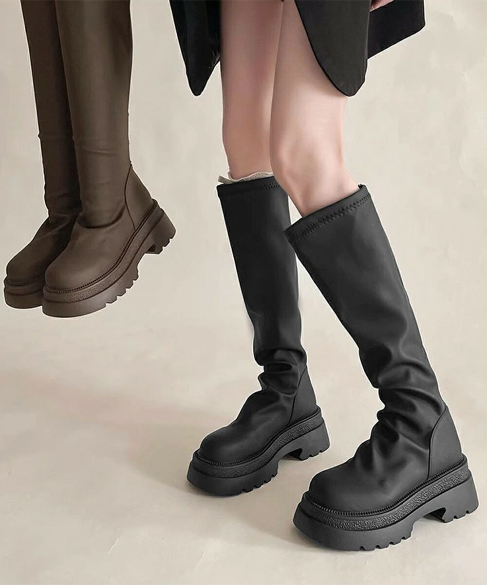 ロングブーツ 厚底ブーツバックジップ美脚 レディース おしゃれ トラックブーツ プラットフォーム 履きやすい 膝下丈 ニーハイブーツ ボリューム感シューズ 韓国風 84TONGT-012 ランキング受賞