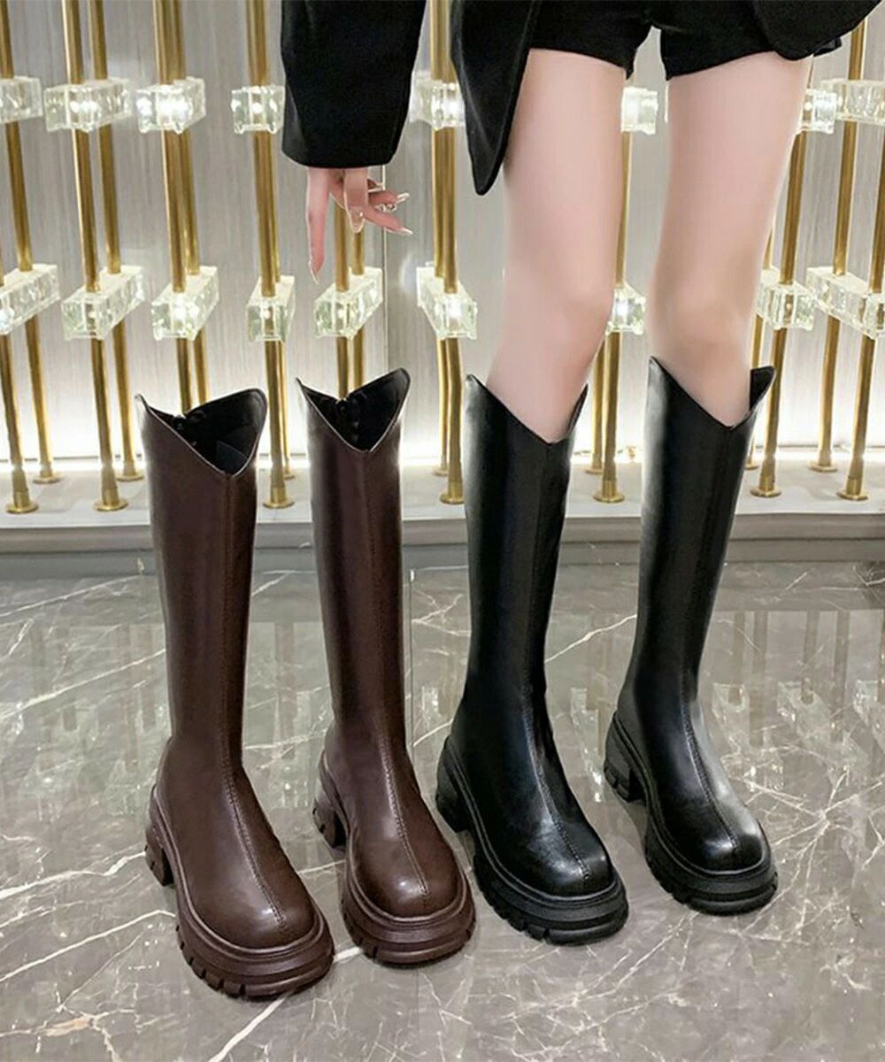 ロングブーツ 厚底ブーツレディース韓国風 膝下丈ブーツ バックジップジョッキーブーツ 履きやすい おしゃれ美脚脚長ブーツ カジュアル靴 チャンキーヒール 疲れない 84TONGT-013